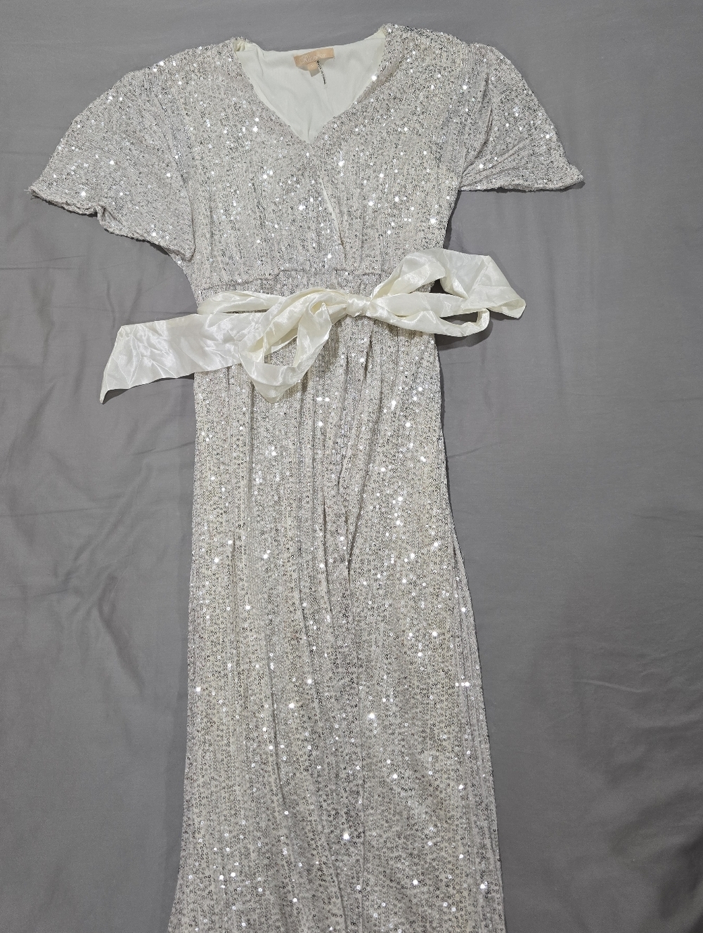 Silver & Cream Sequin Maxi Wrap Dress with Satin Sash